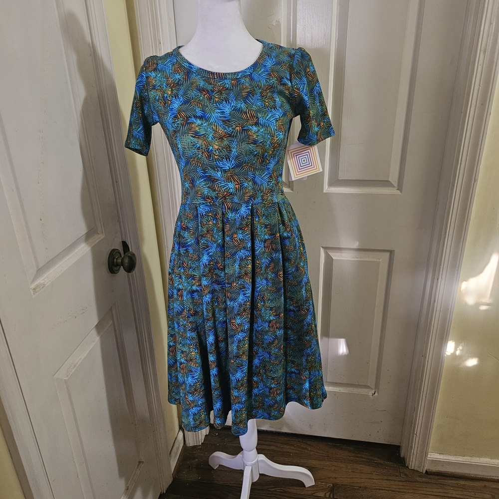 LuLaRoe Teal & Brown Tropical Leaf Print Midi Dress